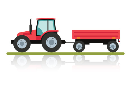 Red tractor with a trailer for transportation of large loads. Agricultural machinery in flat cartoon style isolated on white backgroundのイラスト素材