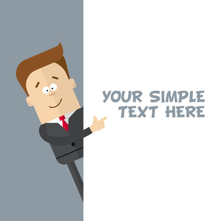 A businessman or manager of a close-up shows at the poster where you can place your text. Cartoon character in a business suit. Happy man in a flat styleのイラスト素材