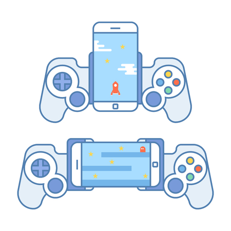 Gamepad for your phone. Accessories for mobile devices allows you to play video games. Joystick for entertainment. Vector illustration in a linear style isoalted on white backgroundのイラスト素材