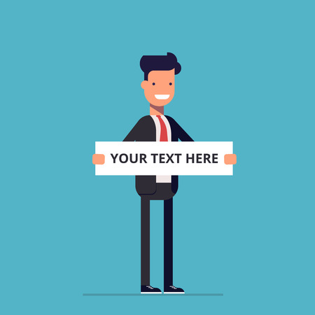 Smiling businessman standing with a pure advertising posters where you can place your text. A man in a business suit with a blank poster or banner. Happy man. An employee in the officeのイラスト素材