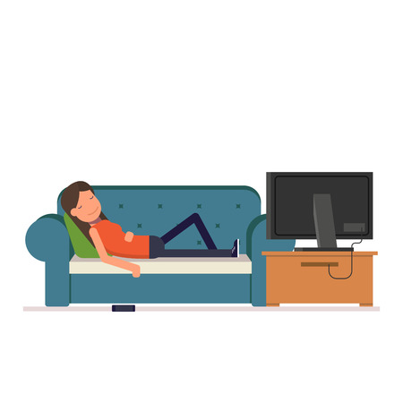The girl sleeps on the sofa watching television. Tired woman dropped her phone while you sleep. Vector, illustration EPS10のイラスト素材