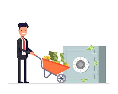 Businessman or manager carries money in wheelbarrow to a closed building safe. Safety storage of Finance. Vector, illustrationのイラスト素材