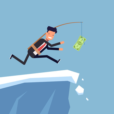Businessman or manager is running after money to a steep cliff. Inattentive man in business suit goes the edge of the mountain. Vector, illustration EPS10のイラスト素材