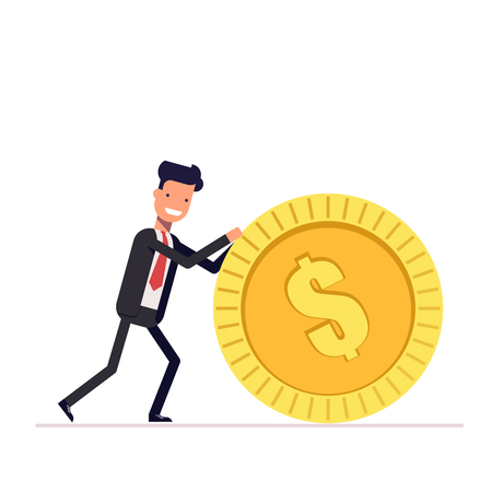 Businessman or manager pushes a gold coin. Man in business suit got the reward.のイラスト素材