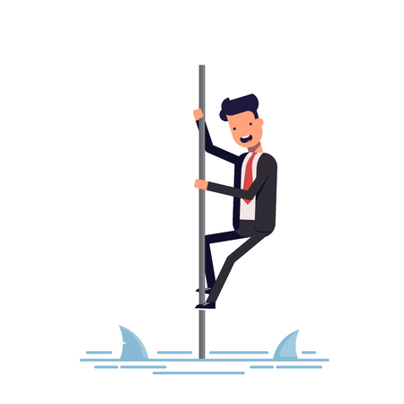 businessman or manager saved from sharks climbing the pole. Man afraid of predatory fish.のイラスト素材