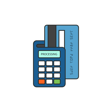 Payment by credit card through the terminal. Process of buying goods in a shop or supermarket. Entering PIN code.のイラスト素材