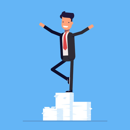 Businessman or manager performs trick on a big pile of documents. Vector, illustration EPS10.のイラスト素材