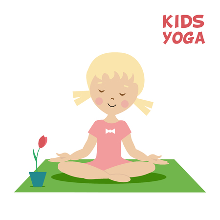 The child is engaged in kids yoga. Little girl exercise on the green carpet near a flower. Cartoon flat character isolated on a white background. Vector, illustration EPS10.のイラスト素材