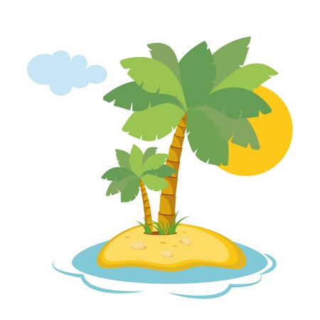 Paradise Island in the sea with palm trees and sunshine in a flat style isolated on white background. Vector, illustration EPS10のイラスト素材