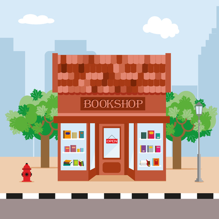 Bookstore and trees on the background of the city. Illustration in a flat style. Vector, EPS10のイラスト素材