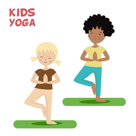 Girl and boy are engaged in a kids yoga. Sports or exercise. Cartoon flat character isolated white background. Vector, illustration EPS10のイラスト素材