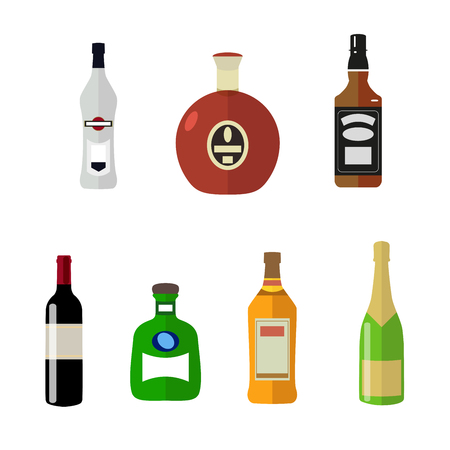 Set of alcohol bottles in a flat style isolated on white background. Cognac whiskey champagne. Vector, illustration EPS10.のイラスト素材