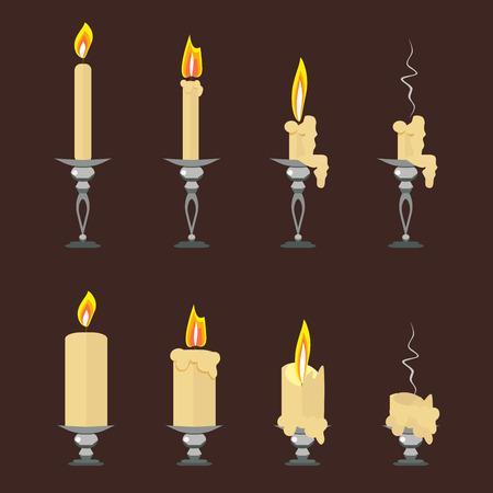 Vector set of flat burning candles isolated on dark brown background. Vector, illustration in flat style EPS10.のイラスト素材