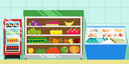 Counters with food, vegetables and fruits.のイラスト素材