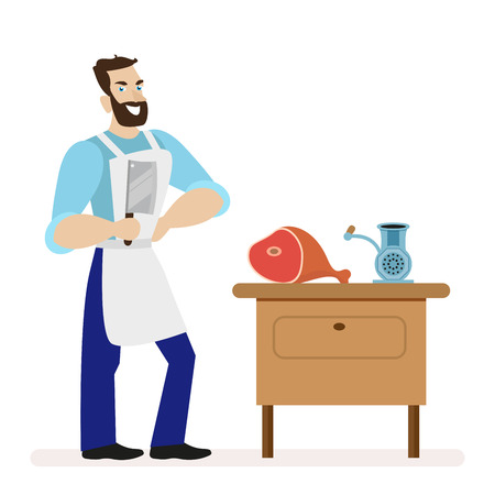 Butcher with a kitchen knife for cutting meat is near the table with a meat grinder.のイラスト素材