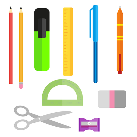 Set of school supplies. Pens pencils scissors and ruler. Pencil sharpener and eraser. Collection of objects in a flat style isolated on white background.のイラスト素材