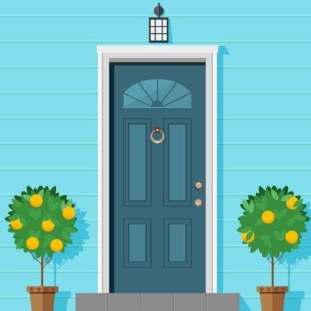 Closed front door with a lantern and ornamental plants in a pot. Vector illustration in flat styleのイラスト素材