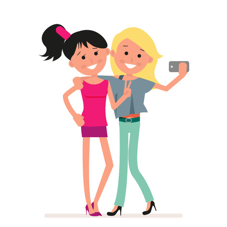 Happy smiling young women best friends taking selfie photo. Flat character isolated on white backgroundのイラスト素材