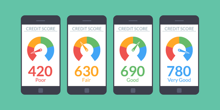 Collection smartphones with credit score app on the screen in flat style.のイラスト素材