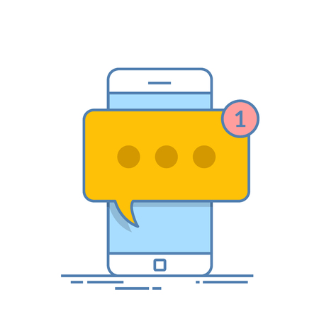 Smartphone with new message on screen. Chat, sms, tweet, instant messaging, mobile messenger concepts for web sites, web banners, printed materials. Line illustration isolated on white background.のイラスト素材
