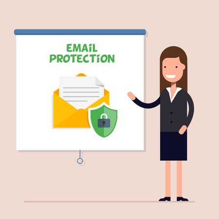 Businesswoman conducts training seminar or conference on the topic of email security. E-mail protection. Flat vector character.のイラスト素材