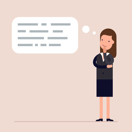 Businesswoman or manager thinks. Abstract text in speech bubble. Concept of the thought process. Flat characte in cartoon style.のイラスト素材