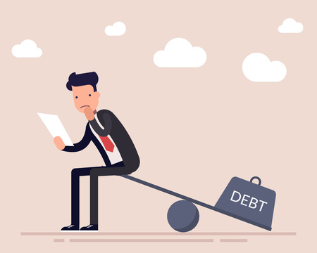 Businessman or a manager with a loan agreement sits on the scales. The severity of a financial debt. Heavy burden. Flat character isolated on background. Vector illustration.のイラスト素材
