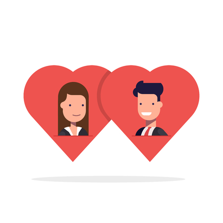 Man and woman in love in two hearts together. Couple wedding symbol idea, people dating concept flat style illustration isolated on white clipart.のイラスト素材
