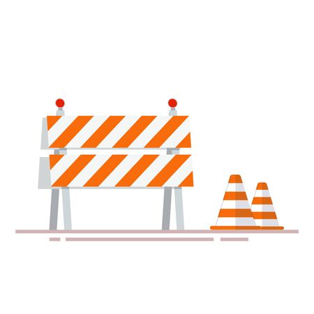 Construction fencing and cones for indicating dangerous places or objects. Flat object isolated on white background.のイラスト素材