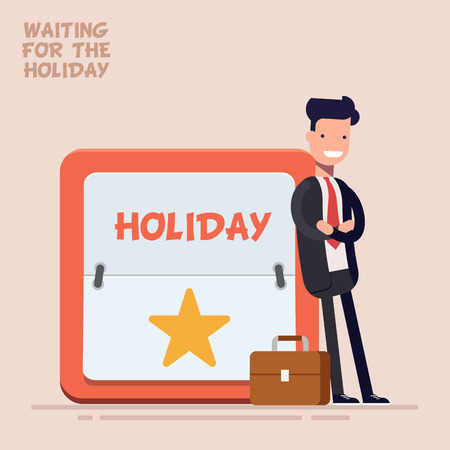 Businessman or manager in a business suit and suitcase stands near a large calendar with a weekend or a holiday. Flat character in flat style isolated on color background.のイラスト素材