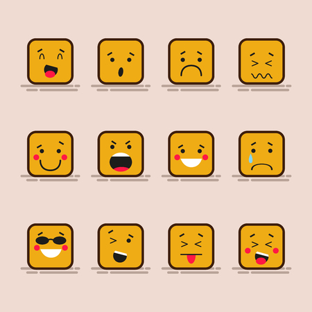 Set cute flat design of cube character with different facial expressions, emotions.のイラスト素材