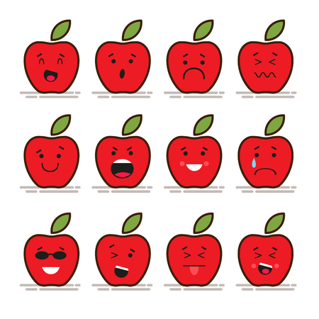 Set of 12 modern flat emoticons: Red apple with leaf, food, fruit, smile, sadness and other emotions. Vector illustration isolated of red background.のイラスト素材