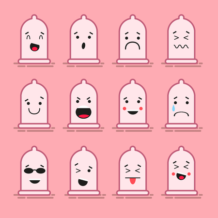 Set of 12 modern flat emoticons: latex condom smile, sadness and other emotions. Vector illustration isolated of color backgroundのイラスト素材
