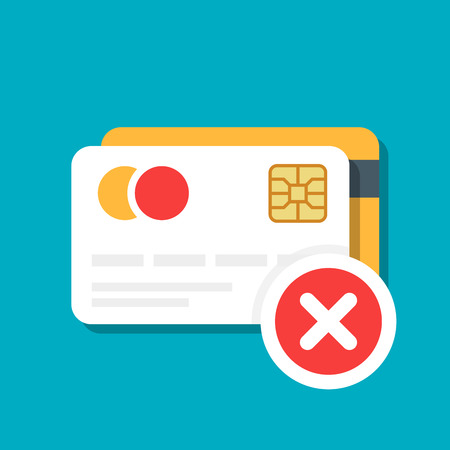 Plastic debit or credit card with a payment rejection icon. Bank card. E-commerce. Vector illustration isolated on color backgroundのイラスト素材