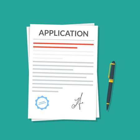 Application or document with a seal and a signature next to which is a pen. Application for leave or dismissal. Premium quality vector illustration in a flat style.のイラスト素材