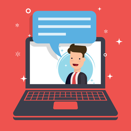 Concept of the marketing proposal. Businessman or manager speaks from the laptop screen. Speech bubble for your text. Flat vector illustration.のイラスト素材