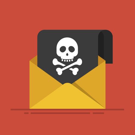 Concept of sending spam and virus. Hacker attack. Written envelope with a black leaf and an image of the skull and bones. Flat vector illustration isolated on red background.の写真素材