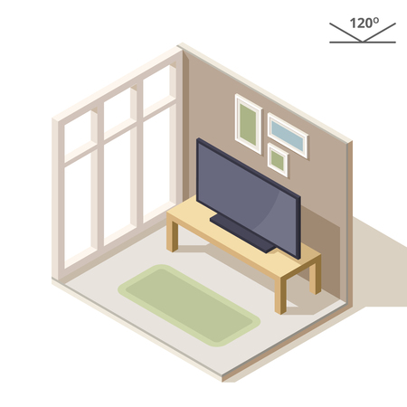 Isometric design of a living room. TV on the coffee table near the panoramic window. Paintings on the wall. 3d illustration.のイラスト素材
