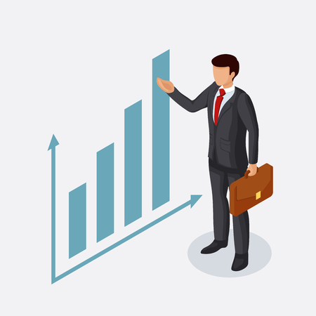 Businessman with a briefcase points to a chart or chart vector illustration in isometric view isolated on white background.のイラスト素材