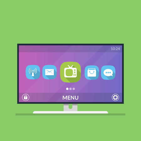 Smart TV. Menu with icons and smart TV settings. Flat vector illustration isolated on green background.のイラスト素材