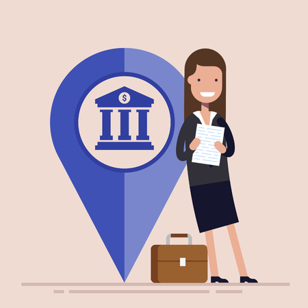 Happy businesswoman or manager with map pointer. Business location. Flat vector illustration.のイラスト素材