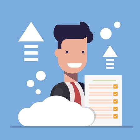 Businessman close-up with document on cloud background. Concept manager work. Flast vector illustration isolated on blue background.のイラスト素材
