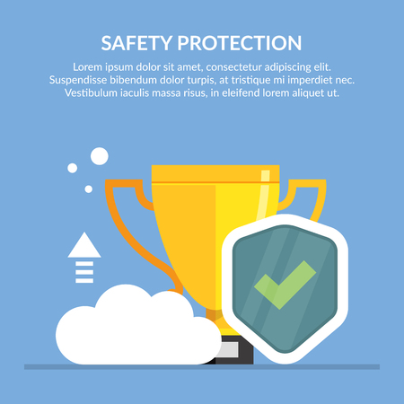 Safety protection concept illusustration. The best protection of personal data. Cup for the championship. Flat vector image for blue background.のイラスト素材
