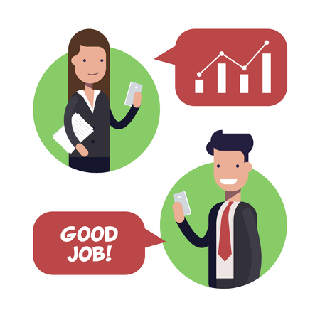 Interaction between two employees of businessmen or managers. The boss praises the subordinate. Working conditions. Flat vector illustration.のイラスト素材