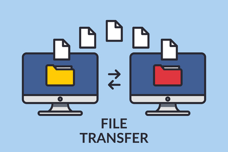 File transfer. Two computers with folders on the screen and documents sent. Copy files, exchange data, backup, transfer PC, concept file sharing. Line graphic design elements. Vector illustration.のイラスト素材