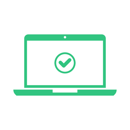 Laptop and check mark. Notebook and round green tick icon, checkmark on white screen. Successful update, accept, ok button, task completed concepts. Modern long shadow flat design. Vector illustrationのイラスト素材