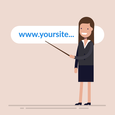 Happy businesswoman or manager shows a pointer to the website address. Address line of your store or site in the Internet browser. Woman in business suit. Vector illustration of cartoon style.のイラスト素材