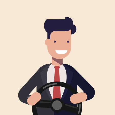 Young man or businessman holding black steering wheel. Concept illustration of a novice driver. Driving instruction by carのイラスト素材