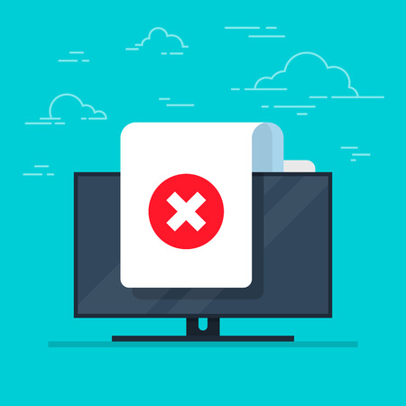 Document and cross vector icon on monitor background. Concept or incorrect form or rejection symbol. Flat cartoon paper doc page with reject tick sign.のイラスト素材