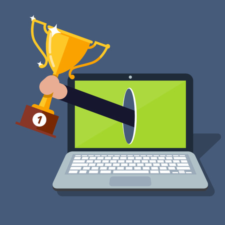 Online award goal achievement. Laptop computer and success winner gold cup prize. Electronic reward. first place victory. Digital competition winner. Internet champion icon image. Vector illustration.のイラスト素材